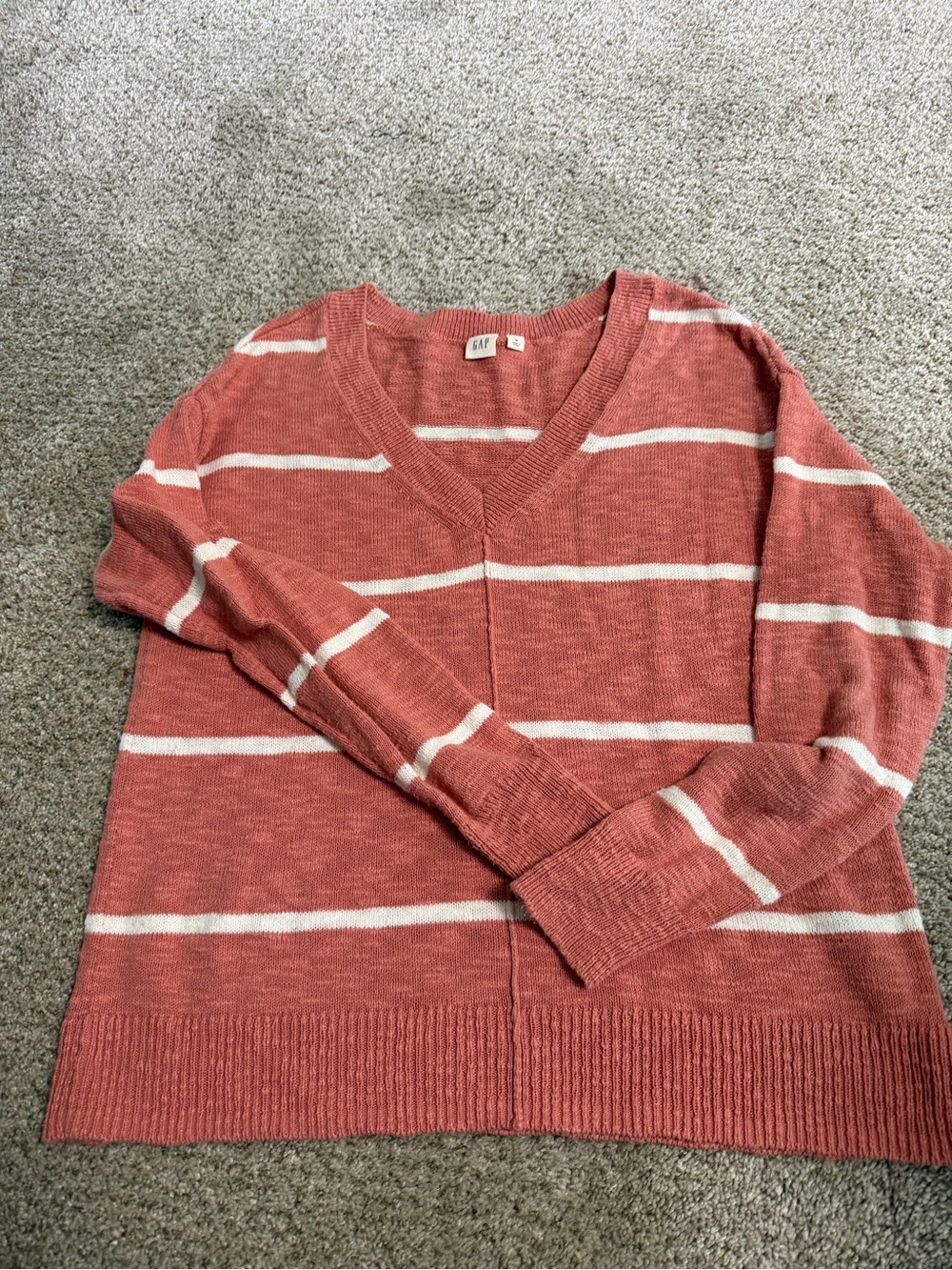 GAP Coral and White Striped V-Neck Pullover Sweater